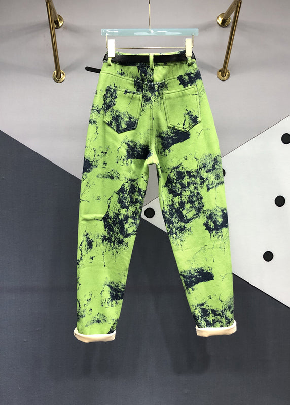 Modern Green Tie Dye Pockets Patchwork Denim Pants Fall