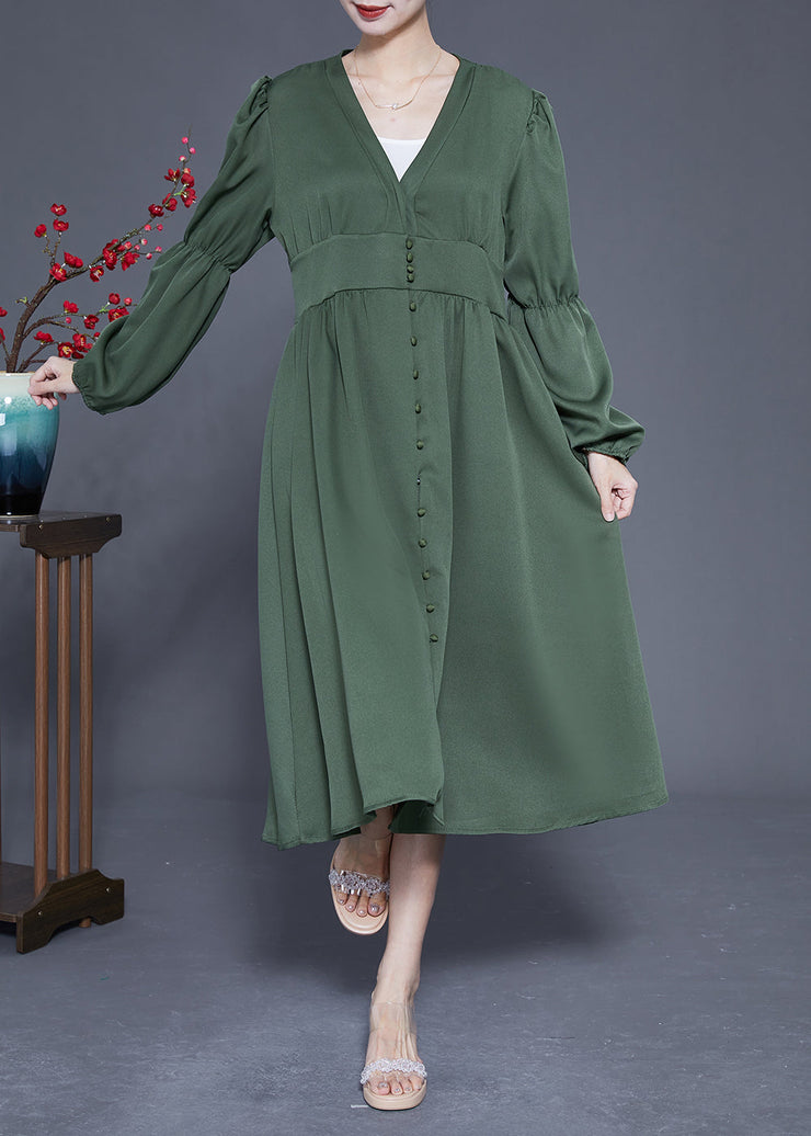 Modern Green V Neck Cinched Patchwork Button Silk Dress Spring