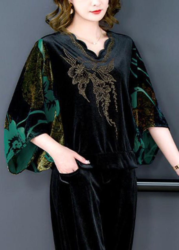 Modern Green V Neck Print Silk Velour Tops And Pants Two Pieces Set Batwing Sleeve