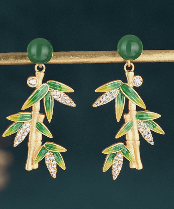 Modern Green Zircon Cloisonne Chalcedony Bamboo Leaf Drop Earrings