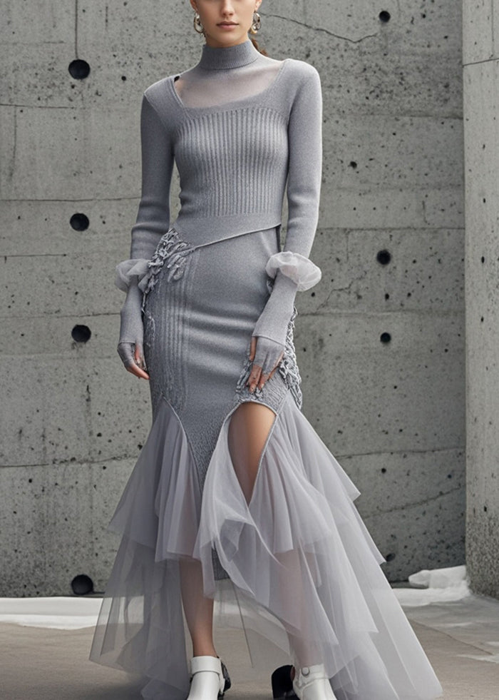 Modern Grey Asymmetrical Patchwork Tulle Knitted Wraped Dress Fall