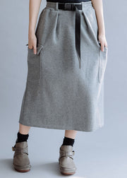 Modern Grey Elastic Waist Solid Pockets Cotton Skirt Fall