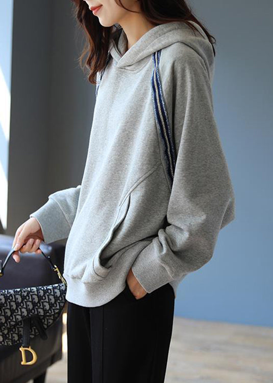 Modern Grey Hooded Pockets Cotton Pullover Sweatshirt Fall