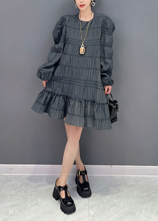 Modern Grey Patchwork Ruffles Cotton Mid Dress Puff Sleeve