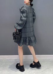 Modern Grey Patchwork Ruffles Cotton Mid Dress Puff Sleeve