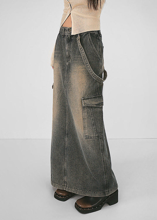 Modern Grey Pockets Side Open Patchwork Denim Maxi Skirts Fall