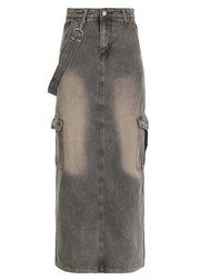 Modern Grey Pockets Side Open Patchwork Denim Maxi Skirts Fall