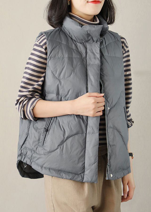 Modern Grey Stand Collar Zip Up Button Duck Down Vest Tops Winter