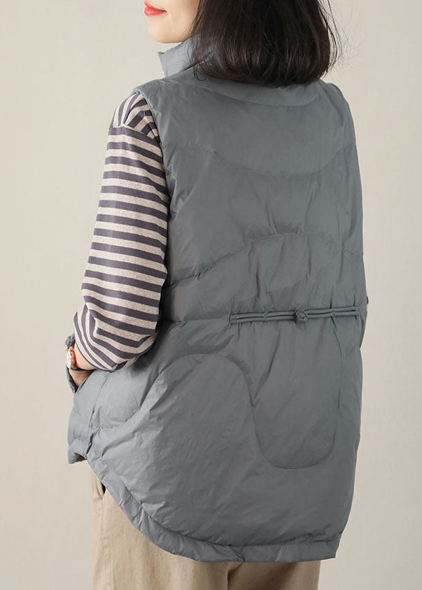 Modern Grey Stand Collar Zip Up Button Duck Down Vest Tops Winter