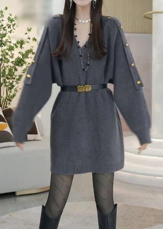 Modern Grey V Neck Metal buttons Knit Sweater Dress Spring