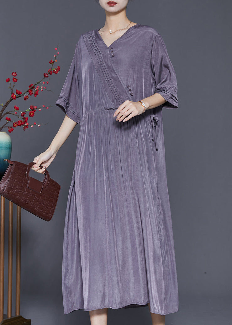 Modern Grey V Neck Patchwork Wrinkled Linen Dress Summer