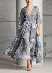 Modern Grey V Neck Print Chiffon Long Dress Summer