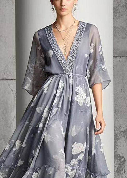 Modern Grey V Neck Print Chiffon Long Dress Summer