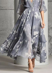 Modern Grey V Neck Print Chiffon Long Dress Summer