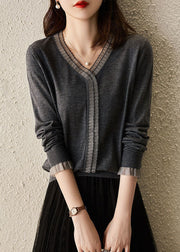 Modern Grey V Neck Ruffled Patchwork Knit Blouses Long Sleeve