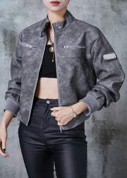 Modern Grey Zip Up Tie Dye Faux Leather Jacket Fall