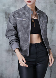 Modern Grey Zip Up Tie Dye Faux Leather Jacket Fall