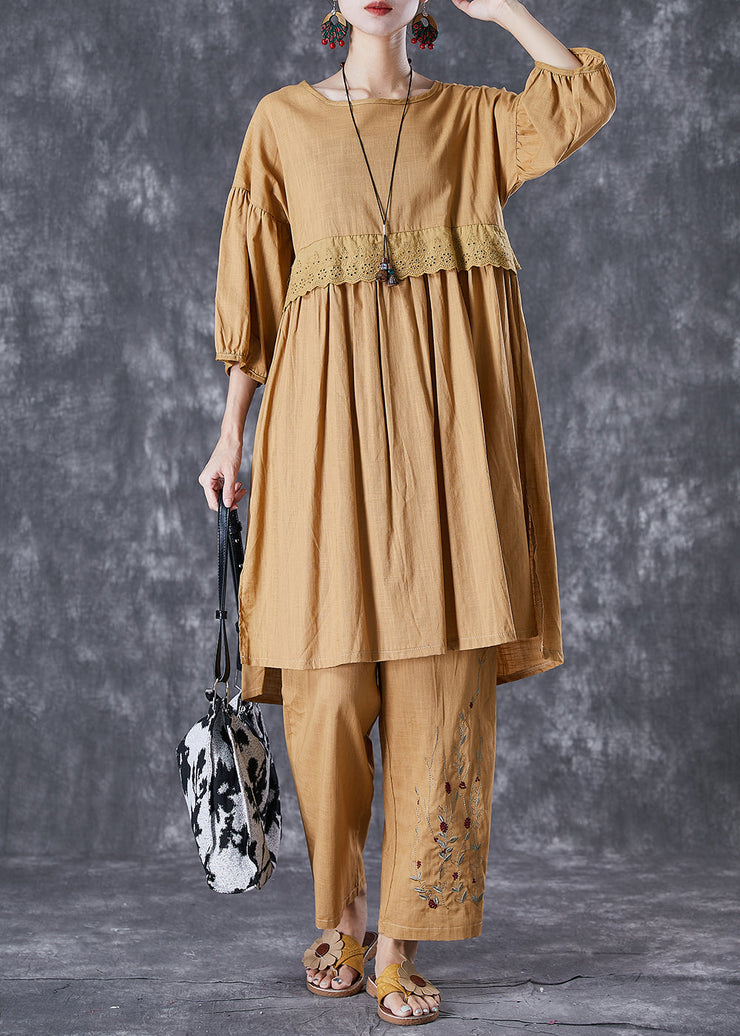 Modern Khaki Embroideried Patchwork Linen Two Piece Set Fall