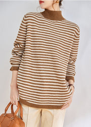 Modern Khaki High Neck Striped Knit Pullover Winter