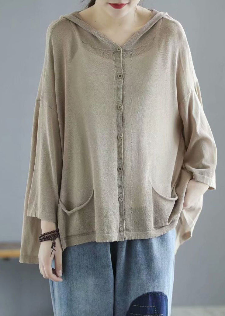 Modern Khaki Hooded Low High Design Pockets Linen Knit UPF 50+ Coat Summer