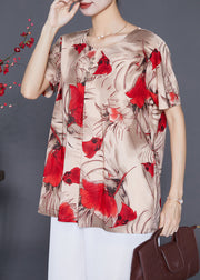 Modern Khaki Oversized Floral Button Silk Shirt Top Summer