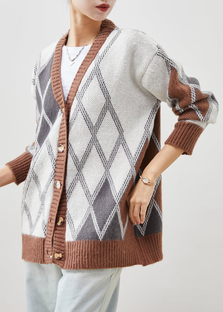 Modern Khaki Oversized Plaid Knit Jacket Spring