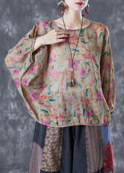 Modern Khaki Oversized Print Linen Blouse Top Batwing Sleeve