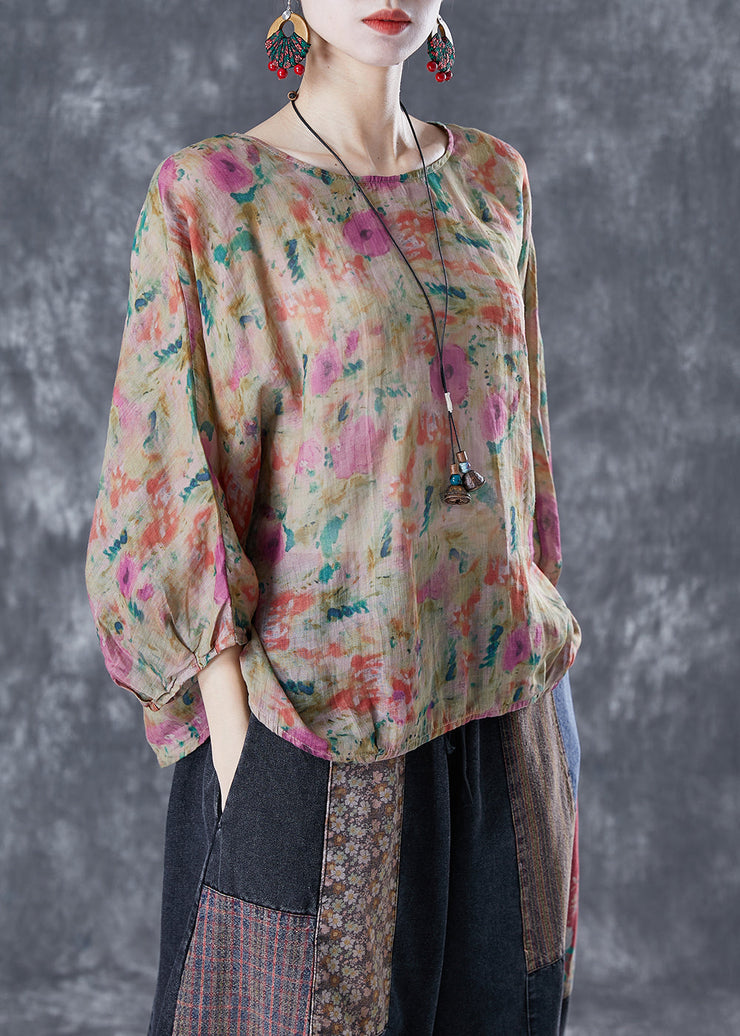 Modern Khaki Oversized Print Linen Blouse Top Batwing Sleeve