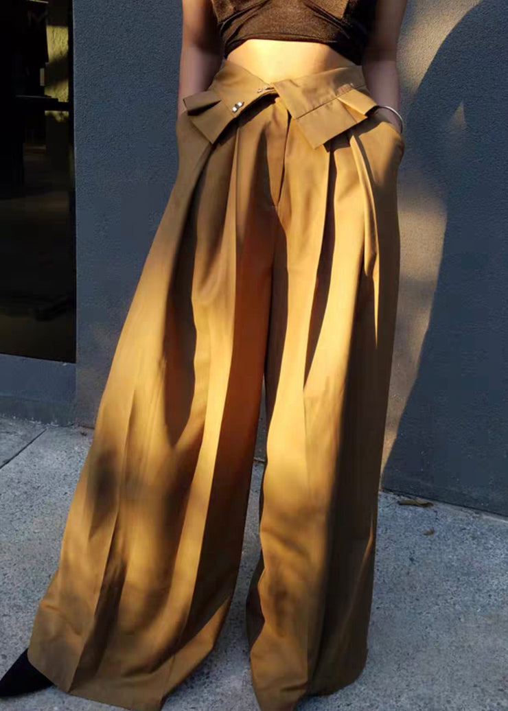 Modern Khaki Pockets High Waist Cotton Wide Leg Pants Summer