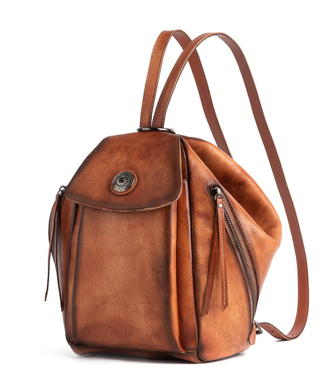 Modern Khaki Solid Zippered Calf Leather Backpack Bag