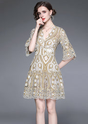 Modern Khaki V Neck Embroideried Hollow Out Lace Dress Flare Sleeve