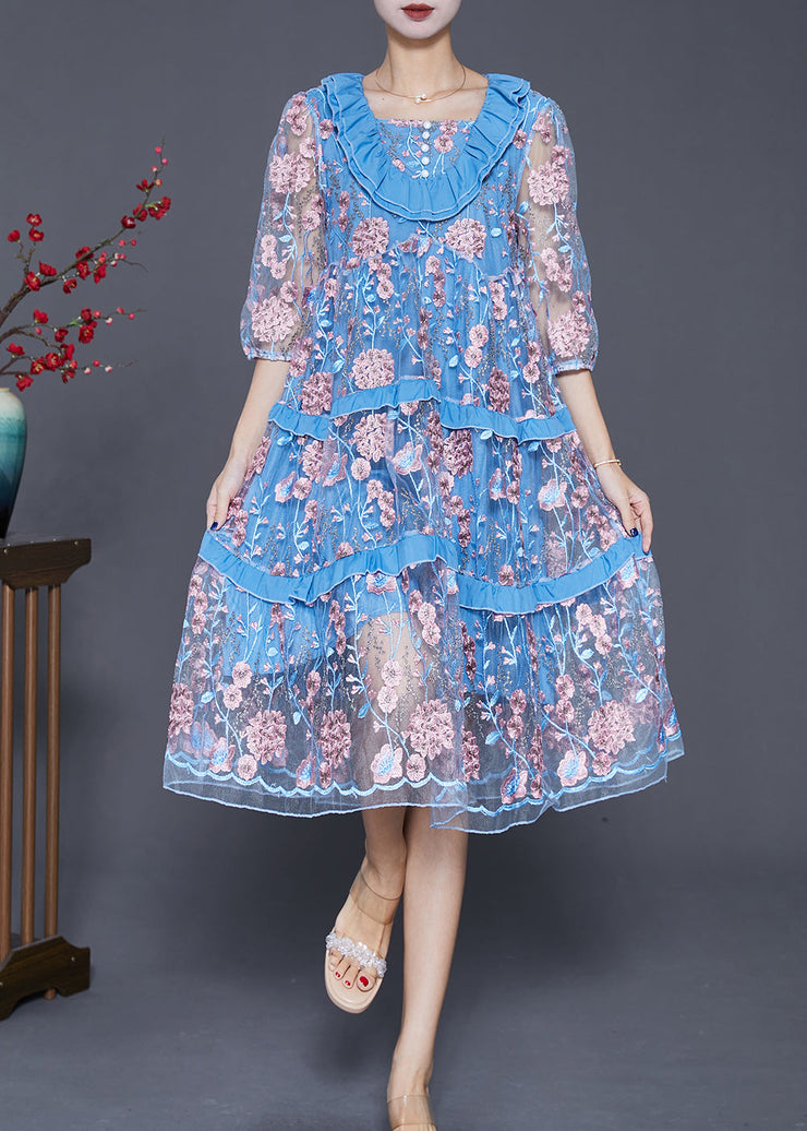 Modern Lake Blue Ruffled Patchwork Embroidered Tulle Dress Summer