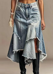 Modern Light Blue Asymmetrical Pockets High Waist Denim Skirt Summer