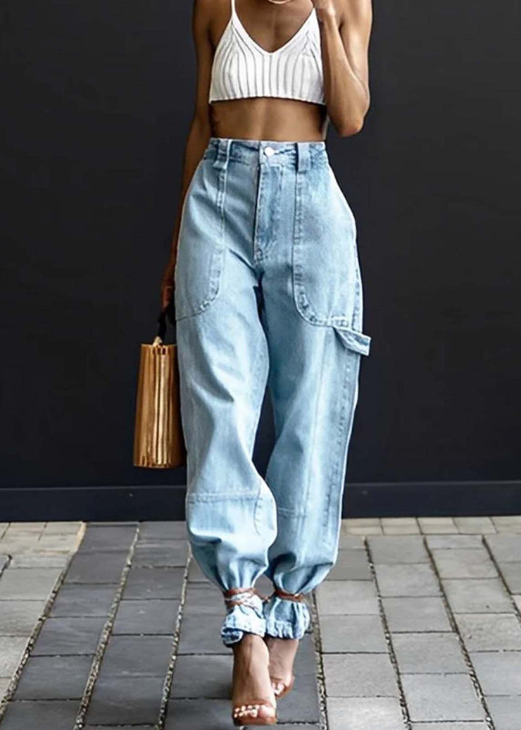 Modern Light Blue Elastic Waist Oversized Denim Pants Summer