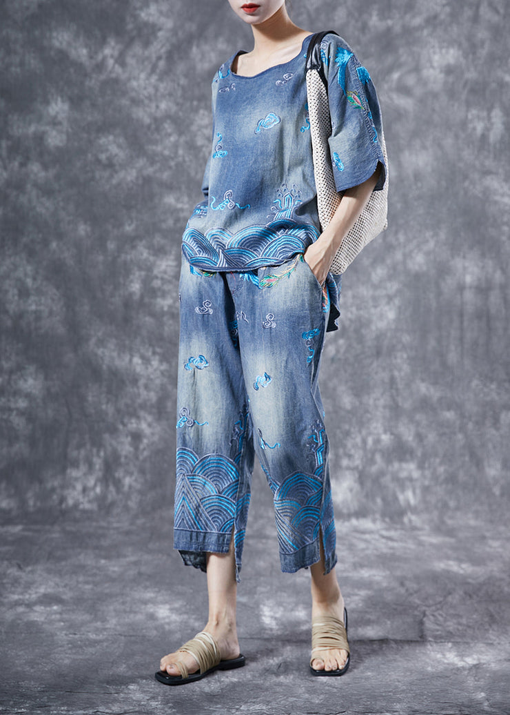 Modern Light Blue O-Neck Embroideried Denim Two Piece Suit Set Summer