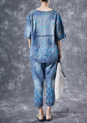 Modern Light Blue O-Neck Embroideried Denim Two Piece Suit Set Summer