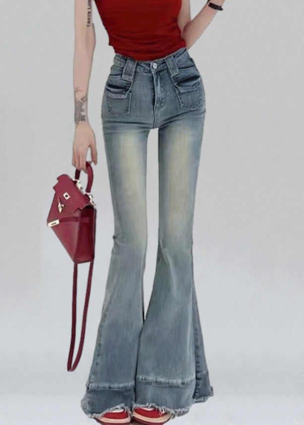 Modern Light Blue Pockets High Waist Denim Flare Bottoms Pants Summer