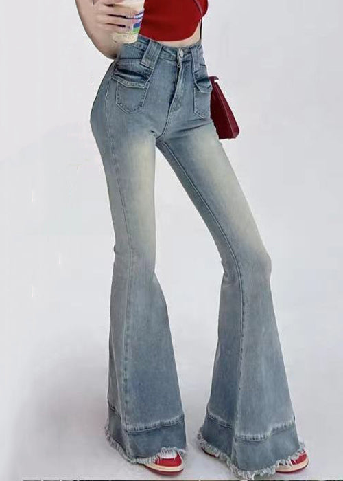 Modern Light Blue Pockets High Waist Denim Flare Bottoms Pants Summer