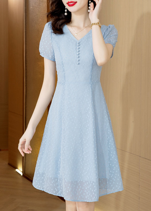 Modern Light Blue V Neck Tulle Mid Dress Short Sleeve