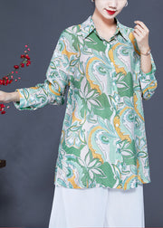 Modern Light Green Oversized Print Silk Shirt Tops Spring