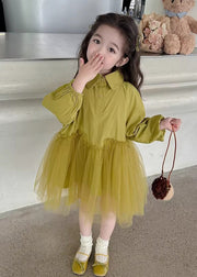 Modern Light Green Peter Pan Collar Tulle Patchwork Girls Long Dress Long Sleeve