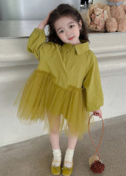 Modern Light Green Peter Pan Collar Tulle Patchwork Girls Long Dress Long Sleeve