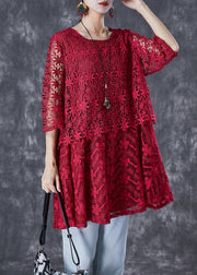 Modern Mulberry Hollow Out Patchwork Lace Blouse Tops Summer