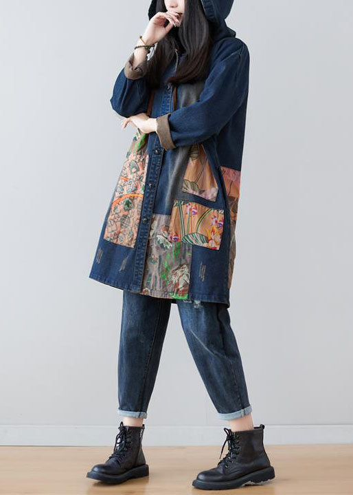 Modern Navy Hooded Patchwork Print Denim Coats Spring