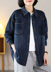 Modern Navy Oversized Embroidered Warm Fleece Denim Jackets Spring