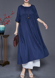 Modern Navy Oversized Patchwork Wrinkled Cotton Dress Summer