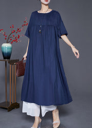 Modern Navy Oversized Patchwork Wrinkled Cotton Dress Summer