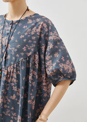 Modern Navy Oversized Print Linen Robe Dresses Summer