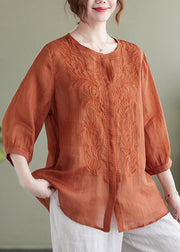 Modern Orange Embroideried Linen Shirts Bracelet Sleeve