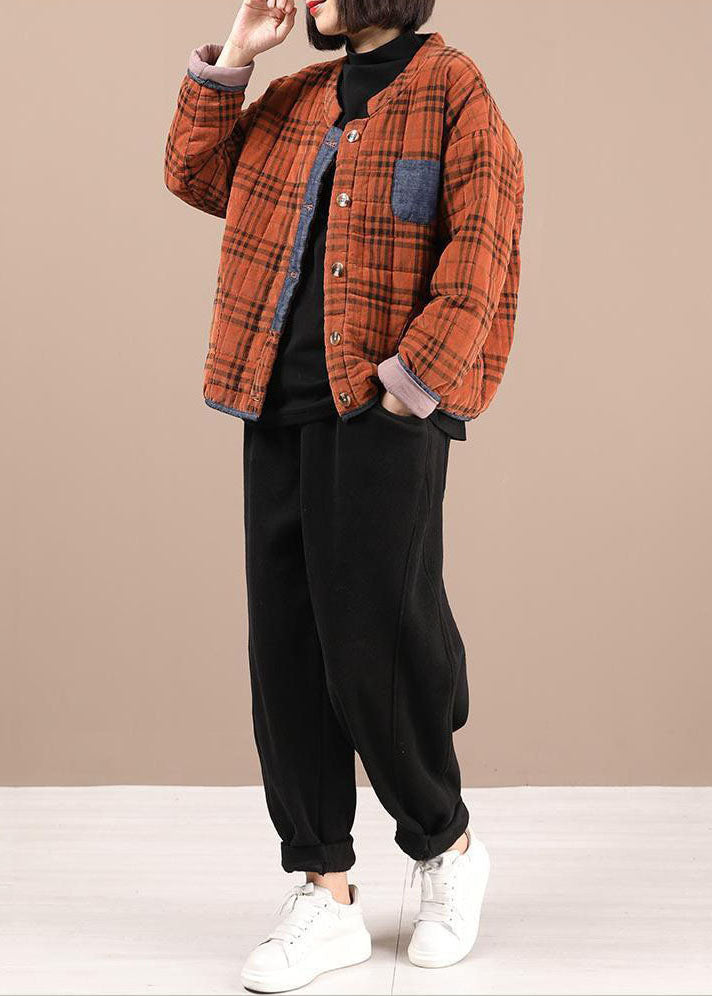 Modern Orange Plaid Fine Cotton Filled Parka Jacket Winter